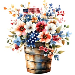 Fourth of July Flower Bucket Clipart, 18 High Quality Watercolor JPG ...