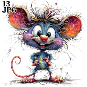 13 divertidos ratones con pelo esponjoso, imágenes prediseñadas de ratones, ratones de dibujos animados, animales extravagantes y locos, archivos JPG de alta calidad, diario basura, descarga digital, manualidades