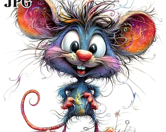 13 Funny Mouse Fluffy Hair, Mouse Clipart, Cartoon Mouse, Crazy Quirky Animal, High Quality JPGs, Junk Journal, Digital Download, Craft