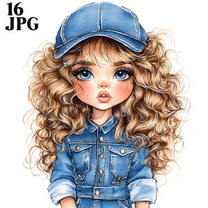 16 Clipart fille en jean mignon original, Clipart fille original, fille lunatique, Clipart aquarelle, Junk Journal, téléchargement numérique, créations en papier, JPG