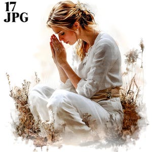 17 Mulher Orando Clipart, Oração Cristã, Oração Clipart, JPG de Alta Qualidade, Clipart de Aquarela, Diário de Lixo, Download Digital de Papel Artesanal