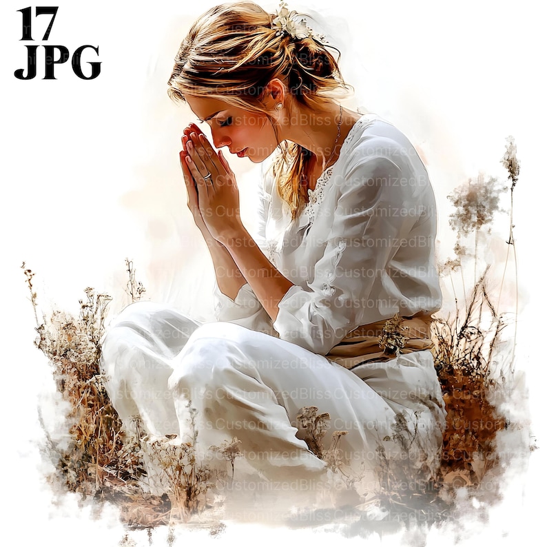 May include: A woman with long blonde hair is kneeling in a field of tall grass. She is wearing a white dress and has her hands clasped in prayer. The background is a soft, blurred watercolor effect.