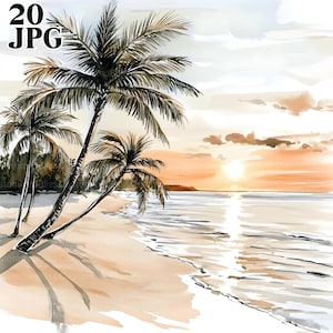 20 Beach Scene Clipart, Beach Clipart, Sunset Clipart, High Quality JPGs, Watercolor Clipart, Junk Journal, Digital Download, Paper Craft
