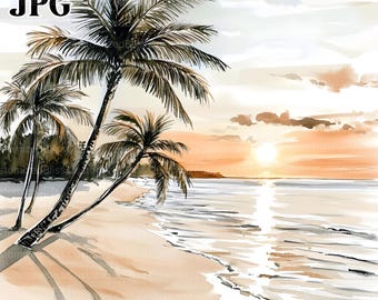 20 Beach Scene Clipart, Beach Clipart, Sunset Clipart, High Quality JPGs, Watercolor Clipart, Junk Journal, Digital Download, Paper Craft