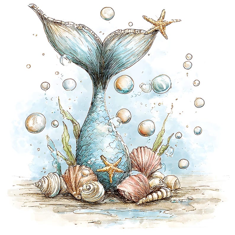 May include: A watercolour illustration of a mermaid's tail in blue hues, with bubbles, seashells, and starfish. The tail has detailed scales and fins, creating an underwater scene. The image evokes a nautical theme.