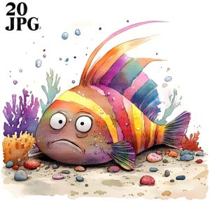 20 Quirky Funny Fish Clipart, Whimsical Marine Life, High Quality JPGs, Watercolor Clipart, Junk Journal, Digital Download, Paper Craft