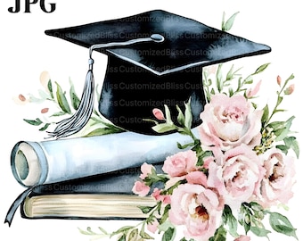 20 Floral Graduation Cap with Diploma Clipart, High Quality JPGs, Watercolor Clipart, Junk Journal, Digital Download, Paper Craft, Clip Art