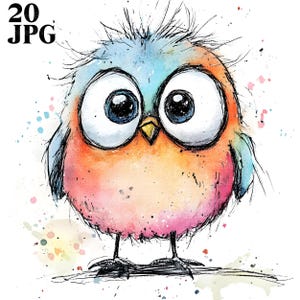 20 Whimsical Birds Clipart, Funny Birds, Cartoon Birds, High Quality JPGs, Watercolor Clipart, Junk Journal, Digital Download, Paper Craft