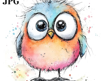 20 imágenes prediseñadas de pájaros extravagantes, pájaros divertidos, pájaros de dibujos animados, archivos JPG de alta calidad, imágenes prediseñadas de acuarela, diario basura, descarga digital, manualidades de papel