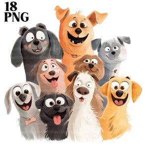 18 imágenes prediseñadas de perros, imágenes prediseñadas de perros de dibujos animados, cachorros divertidos y agotados, imágenes prediseñadas de cachorros lindos, imágenes prediseñadas PNG de acuarela, diario basura