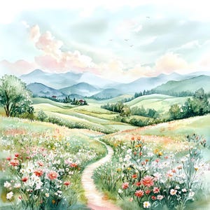 Op de afbeelding: Een aquarel schilderij van een glooiende groene heuvel met een kronkelend pad dat naar een ver weg gelegen bergketen leidt. De heuvel is bedekt met een veld vol witte en roze wilde bloemen.