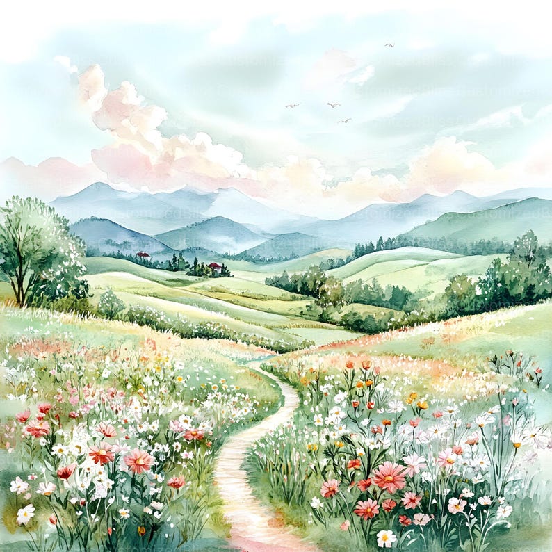 Op de afbeelding: Een aquarel schilderij van een glooiende groene heuvel met een kronkelend pad dat naar een ver weg gelegen bergketen leidt. De heuvel is bedekt met een veld vol witte en roze wilde bloemen.