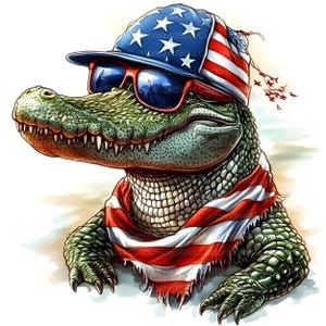 May include: A green alligator wearing a red, white, and blue bandana and a baseball cap with stars and stripes. The alligator is wearing sunglasses.