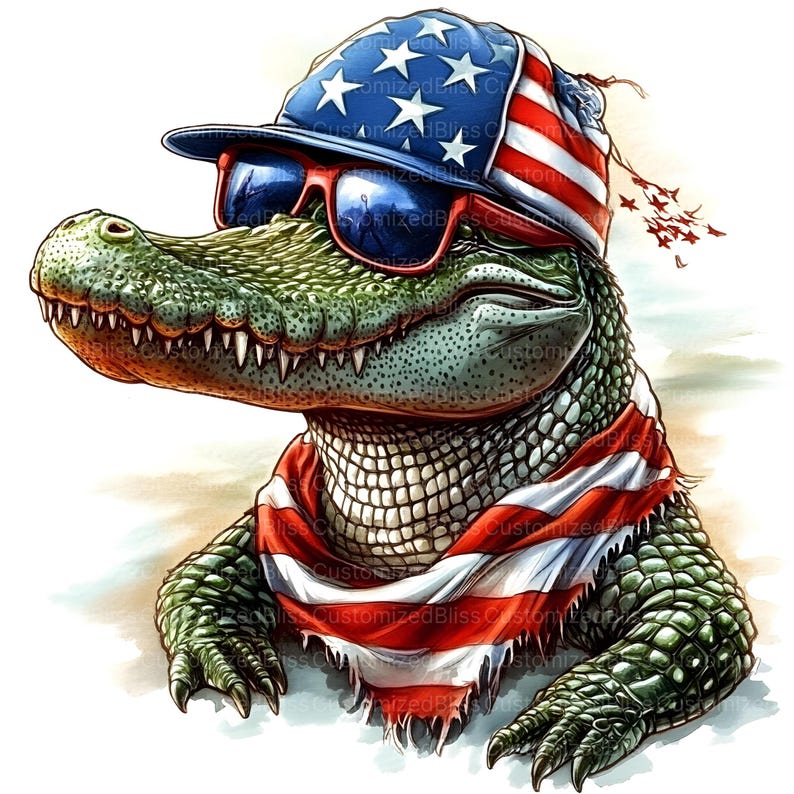 May include: A green alligator wearing a red, white, and blue bandana and a baseball cap with stars and stripes. The alligator is wearing sunglasses.