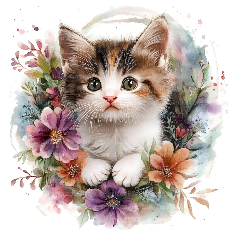 Pu&ograve; includere: Un'illustrazione ad acquerello di un gattino con pelo marrone, bianco e arancione, circondato da fiori colorati. Il gattino ha gli occhi verdi ed &egrave; immerso tra fiori viola, arancioni e rosa, creando un design stravagante e artistico.