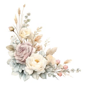May include: A floral arrangement featuring a large mauve rose, a white rose, and smaller rosebuds in soft pink. The bouquet includes sprigs of dried wheat, eucalyptus leaves, and various foliage in muted tones of green, beige, and cream.