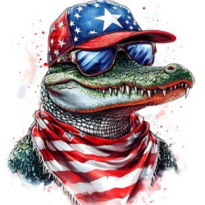 May include: A green alligator wearing a red, white, and blue baseball cap with a white star and sunglasses. The alligator is also wearing a red, white, and blue bandana around its neck.