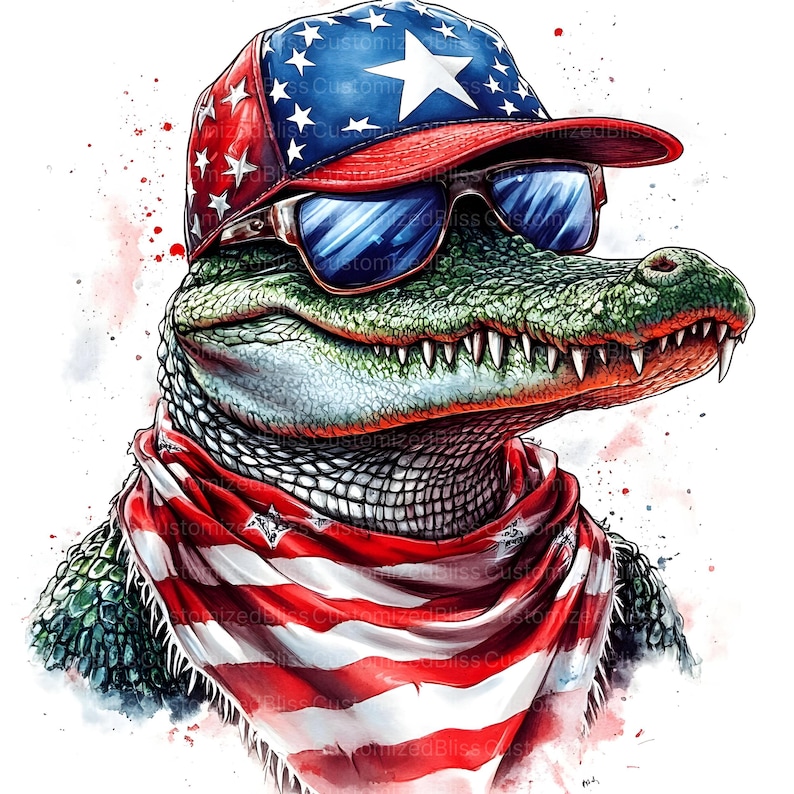 May include: A green alligator wearing a red, white, and blue baseball cap with a white star and sunglasses. The alligator is also wearing a red, white, and blue bandana around its neck.