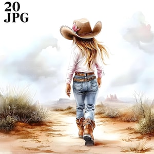 Bundle de clipart petite cow-girl, jeune cow-girl, 20 fichiers JPG de haute qualité, clipart aquarelle, Junk Journal, Scrapbook, téléchargement numérique fantaisiste