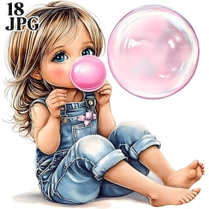 18 niedliche kleine Mädchen Bläst eine Seifenblase mit Bubble Gum Clipart, Qualität JPGs, Aquarell Clipart, Junk Journal, digitaler Download, Papiermodell