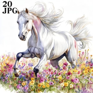 20 Floral Horse Clipart, Cute Horse, Horse Nursery, High Quality JPGs, Watercolor Clipart, Junk Journal, Digital Download, Paper Craft