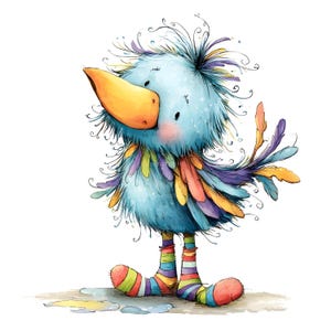 Op de afbeelding: Een illustratie van een pluizige blauwe vogel met een grote gele snavel, warrige veren en roze wangen. De vogel heeft kleurrijke gestreepte poten en voeten, met veelkleurige vleugelveren in tinten paars, oranje en groen op een witte achtergrond.