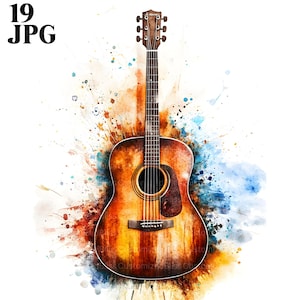 19 kleurrijke gitaar clipartbundel, muziek clipart, muziekinstrument, klassieke gitaarkunst, hoge kwaliteit jpg's, junk Journal, digitale download