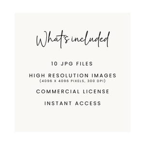 May include: A cream-colored graphic with the words "What's included" in elegant script. Below, it lists "10 JPG FILES," "HIGH RESOLUTION IMAGES," "COMMERCIAL LICENSE," and "INSTANT ACCESS."
