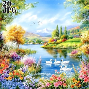 20 imágenes prediseñadas de lago de primavera, gráficos de lago, diseños serenos, imágenes prediseñadas de temporada, imágenes prediseñadas de agua, diseños de naturaleza, imágenes prediseñadas de primavera, diario basura, JPG