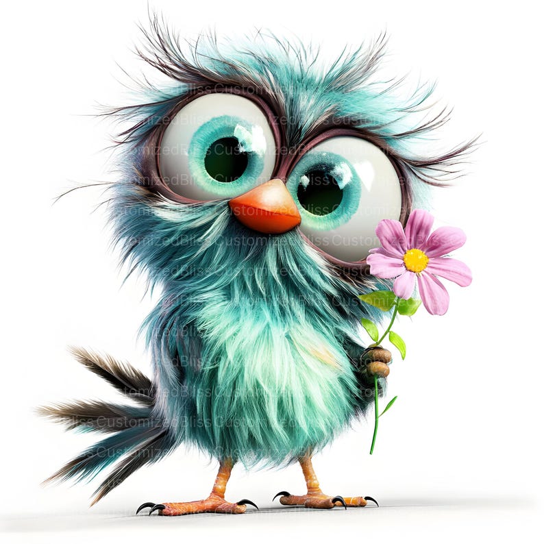May include: A blue, fluffy cartoon bird with large eyes holds a pink flower with a yellow center. The bird has a small orange beak and a white background.