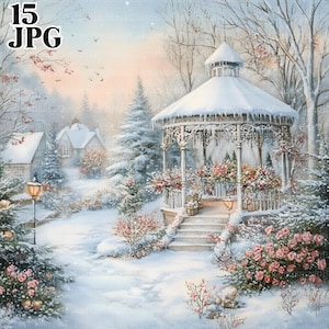 Kit de imágenes prediseñadas de jardín de invierno Shabby Chic, 15 archivos JPG de acuarela de alta resolución para diarios basura, álbumes de recortes, creación de tarjetas, descarga digital y cenador
