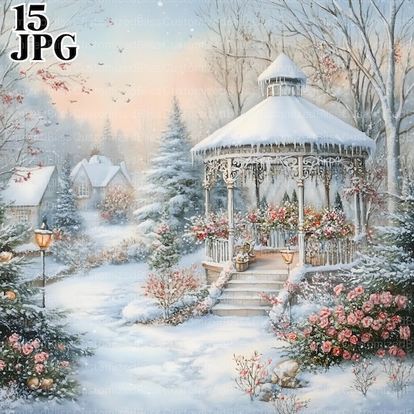 Shabby Chic Winter Garden Clip Art Kit, 15 High Res Watercolor JPGs for Junk Journaling, Scrapbooking, Card Making, Digital Download, Gazebo