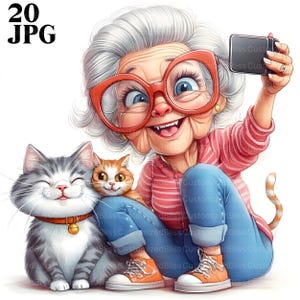 20 vieilles dames drôles avec des cliparts chat, graphiques seniors, selfies de femmes, JPG de haute qualité, Junk Journal, téléchargement numérique, créations graphiques en papier clipart