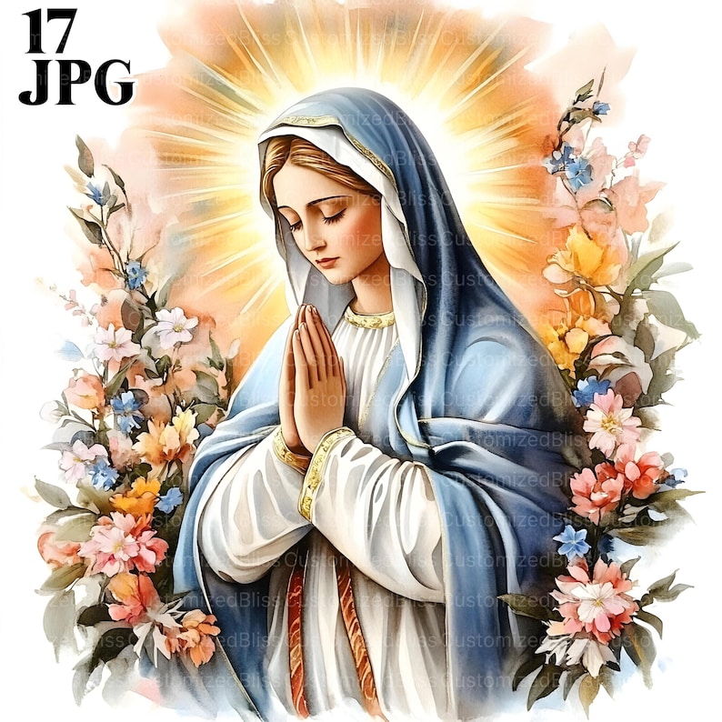 May include: A watercolor painting of the Virgin Mary, depicted with her hands clasped in prayer. She is wearing a blue robe and a white veil. The background is a soft yellow with a halo of light around her head. There are flowers on either side of her.