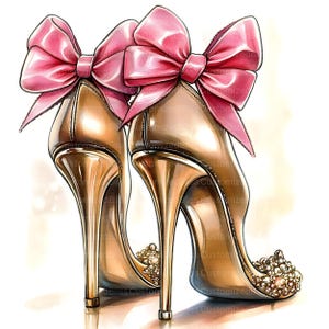 Pu&ograve; includere: Illustrazione di un paio di tacchi alti dorati con fiocchi rosa. Le scarpe hanno un tacco a spillo e sono decorate con piccoli abbellimenti dorati sulla punta. I fiocchi sono grandi e di un rosa vibrante.
