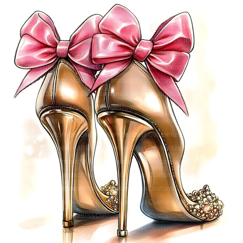 Pu&ograve; includere: Illustrazione di un paio di tacchi alti dorati con fiocchi rosa. Le scarpe hanno un tacco a spillo e sono decorate con piccoli abbellimenti dorati sulla punta. I fiocchi sono grandi e di un rosa vibrante.
