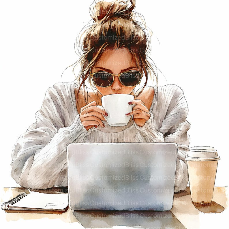 May include: A woman wearing sunglasses and a white sweater sits at a table with a laptop, a notebook, and a cup of coffee. She is drinking from the cup.