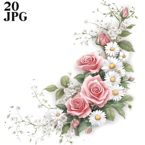 20 Gänseblümchen und Rosen Clipart, Dekorativer Ornamentrahmen, hochwertige JPGs, digitaler Download, Papiermodelle, Junk Journal