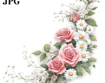 20 blommiga prästkragar och rosor Clipart, dekorativ ornamentram, högkvalitativa JPG-bilder, digital nedladdning, pappershantverk, skräpjournal