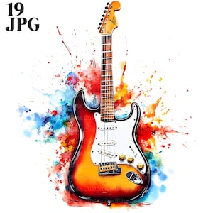 Kleurrijke elektrische gitaar clipart, muziek clipart, muziekinstrument, 19 hoge kwaliteit JPG, aquarel clipart, Junk Journal, digitale download