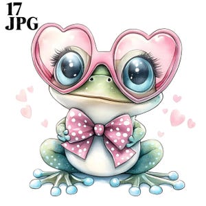 17 Clipart grenouille, illustrations de grenouille, grenouille mignonne, noeud à pois, lunettes coeur, JPG haute qualité, journal indésirable, téléchargement numérique, créations en papier