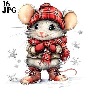 16 Clipart souris mignon, neige Clipart, Clipart flocon de neige, des cliparts hiver, Animal d'hiver, JPG de haute qualité, Junk Journal, téléchargement numérique
