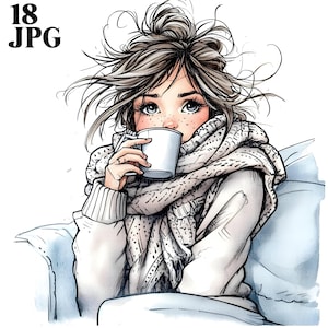 18 Winter Girl Clipart, Cute Girl with Coffee, Whimsical Relaxing Illustration, Winter Clipart, Winter Decor, Digital Download, JPG, Craft