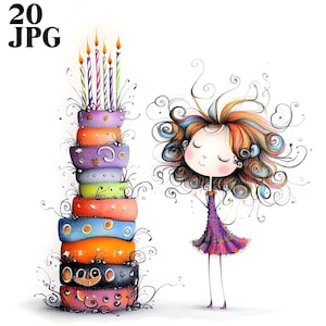 Quirky Birthday Girls Clip Art, 20 High Res Watercolor JPGs Junk Journaling, Scrapbooking, Card Making, Digital Download, Fantasy, Whimsical
