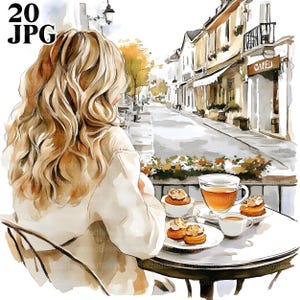 20 Kobieta w kawiarni Clipart, Kwiatowy Cafe Clipart, Paryska kawiarnia, Wysokiej jakości JPG, Akwarele Clipart, Dziennik śmieci, Pobieranie cyfrowe, Rękodzieło papierowe