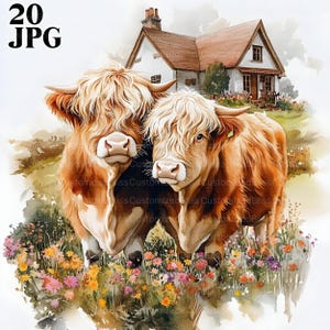 20 Highland Cow Clipart, Farm Animal Clipart, Cute Cow, High Quality JPGs, Watercolor Clipart, Junk Journal, Digital Download, Paper Craft