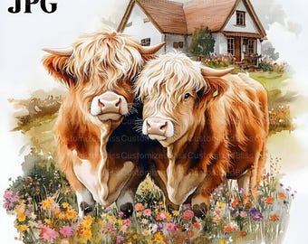 20 Highland Cow Clipart, Farm Animal Clipart, Cute Cow, High Quality JPGs, Watercolor Clipart, Junk Journal, Digital Download, Paper Craft