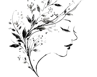 39 Floral Woman Face Clipart, Abstract Face, Female Face Clipart, Woman Face Print Botanical Line Art Woman Clipart Minimalist Woman Art JPG
