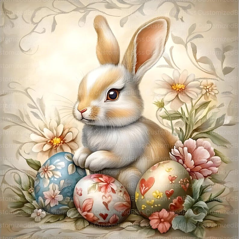 May include: A white bunny with brown markings sits on a bed of flowers and Easter eggs. The eggs are decorated with floral patterns and hearts. The bunny is looking to the left of the image.