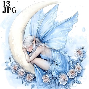 13 Moon Fairy Clipart, Celestial Clipart, Fantasy Clipart, High Quality JPG, Watercolor Clipart, Junk Journal, Digital Download, Paper Craft
